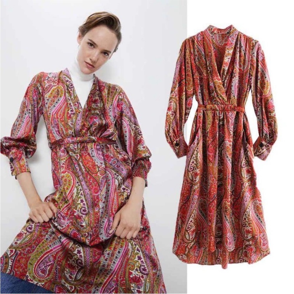 ZARA Paisley Satin Midi Dress with Belt Sz XS Pink/Red Multi